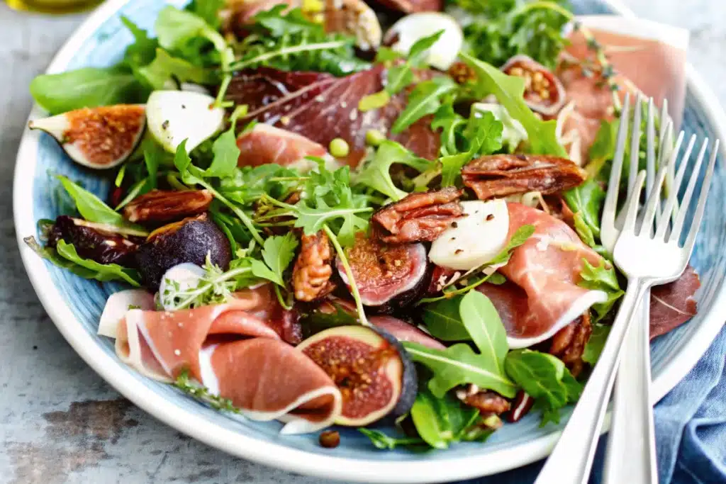 Salade de jambon cru aux figues rôties au miel